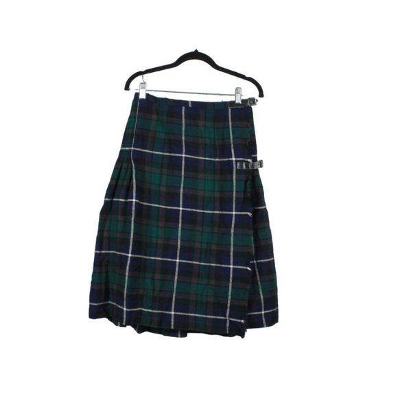 *Vintage Brendella Blue Green Tartan Plaid 100% Wool Pleated Skirt - Picture 1 of 9